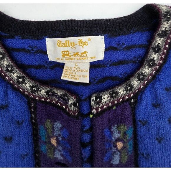 Tally-Ho Womens 100% Wool Blue Cardigan Sweater With Embroidered Floral Design - - Picture 6 of 7